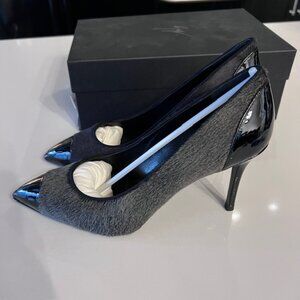 Giuseppe Zanotti Pony Hair Pointed Toe Pumps Black Gray Italian Luxury 37